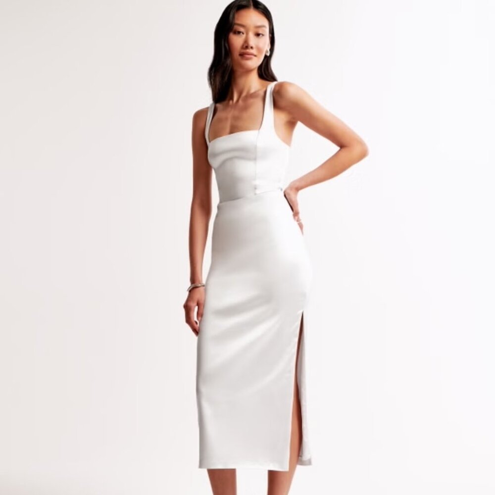 Abercrombie Sculpting Stretch Satin Midi Dress Pearl Large NWT